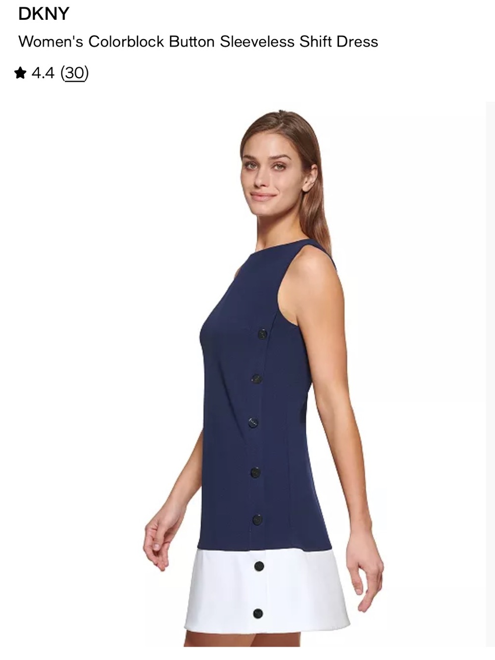 DKNY Navy and White Colorblock Shift Dress with Side Button Accents